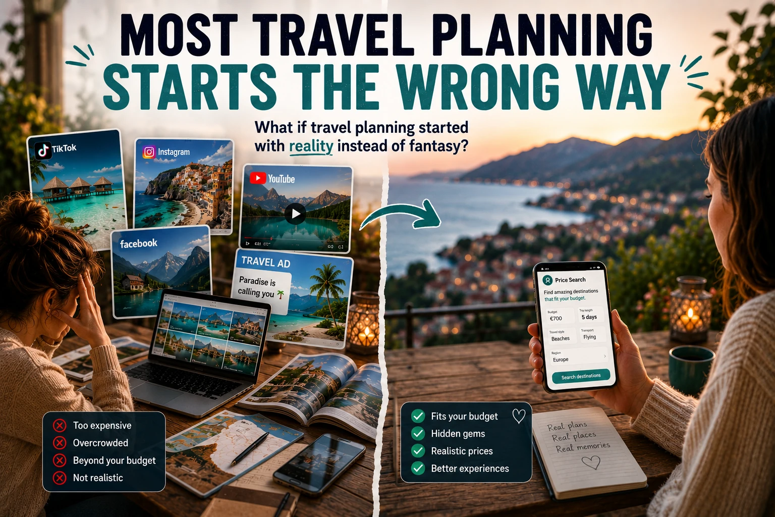 WhisperingPlaces Price Search feature for realistic budget-based travel planning