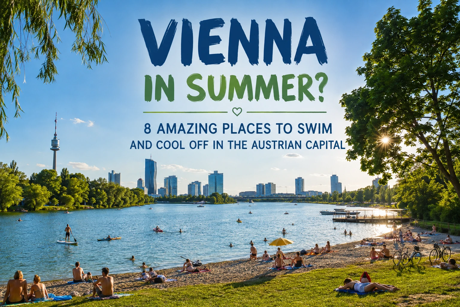 Swimming and summer activities by the water in Vienna, Austria