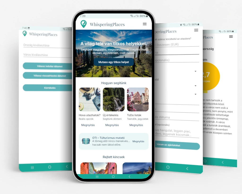 WhisperingPlaces alkalmazás képernyőképek montázsa